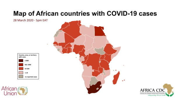 Map of African countries with COVID-19 cases (28 March 2020 - 5pm EAT)