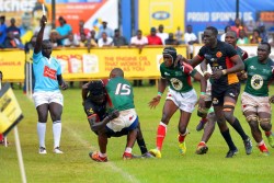Vincent Moses (with head gear) in action during the 34-16 win over Uganda at the Legends Rugby Club 