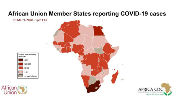 Map of African Union Member States reporting COVID-19 cases (29 March 2020 - 5pm EAT)