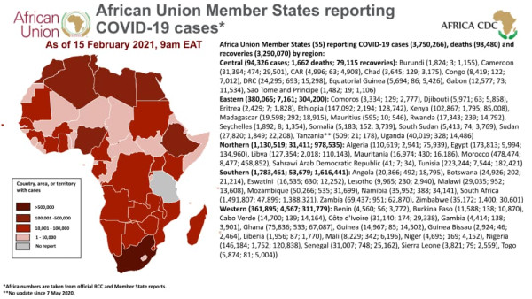 Coronavirus: African Union Member States reporting COVID-19 cases as of 15 February 2021, 9 am EAT
