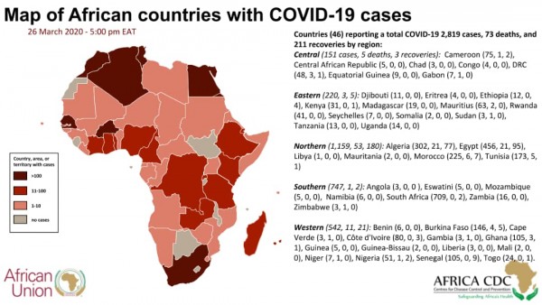 Map of African countries with COVID-19 cases (26 March 20 20 - 5:00pm EAT)