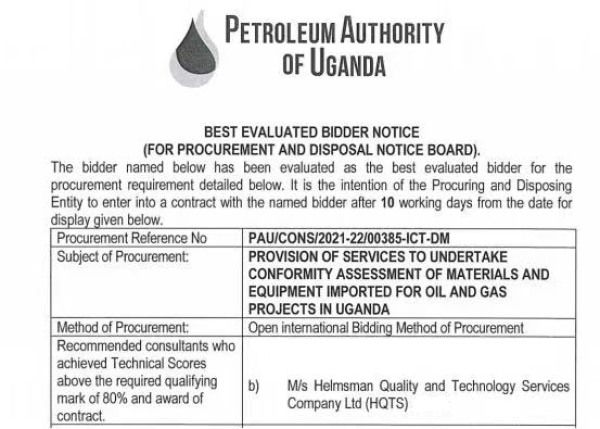 Helmsman Quality and Technology Services Company Ltd. (HQTS) Secures Contract for Pre-Export Verification of Conformity Assessments on Specialised Equipment and Materials for Uganda Oil and Gas Projects