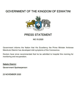 Coronavirus - Eswatini: Prime Minister Ambrose Mandvulo Dlamini has developed mild symptoms of COVID-19