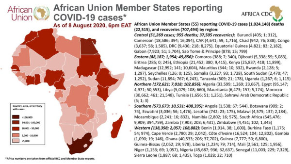 Coronavirus: African Union Member States reporting COVID-19 cases as of 8 August 6 pm EAT
