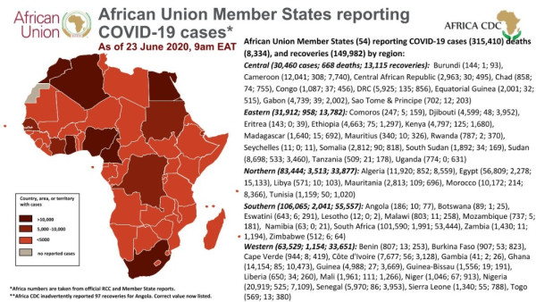 Coronavirus: African Union Member States reporting COVID-19 cases as of 23 June 9am EAT