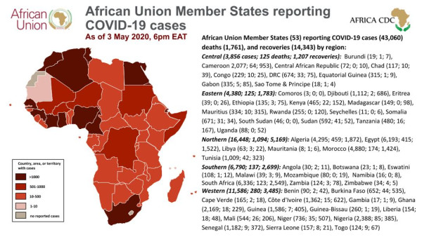 Coronavirus: African Union Member States reporting COVID-19 cases as of 3 May 2020, 6 pm EAT