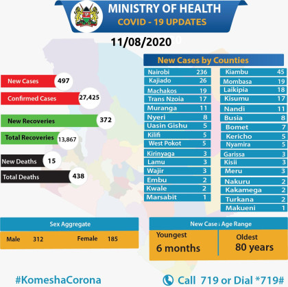 Coronavirus - Kenya: COVID-19 Update - Summary in the last 24 hrs (11/08/2020)