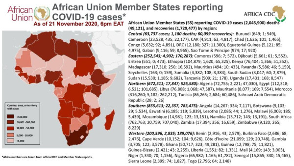 Coronavirus: African Union Member States reporting COVID-19 cases as of 21 November 2020, 6 pm EAT