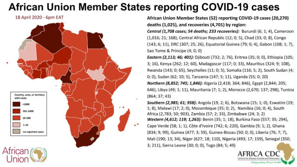 Coronavirus - Africa: African Union Member States reporting COVID-19 cases, 18 April 2020 6pm EAT