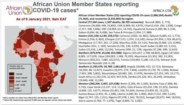 Coronavirus: African Union Member States reporting COVID-19 cases as of 9 January 2021, 9 am EAT